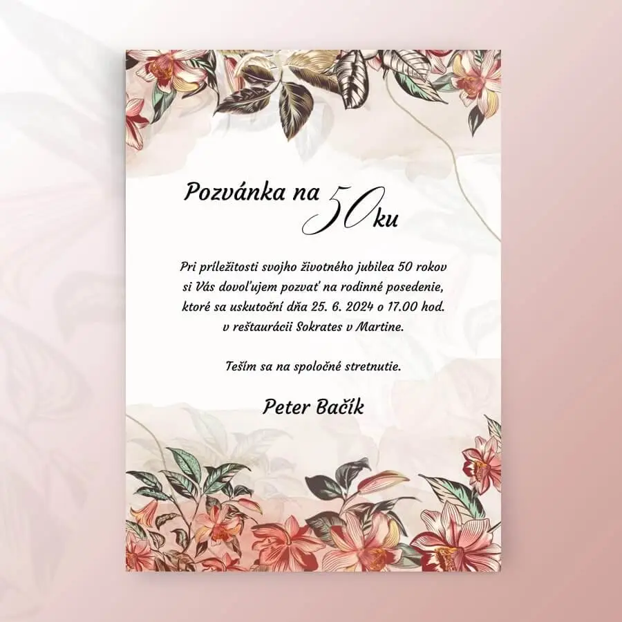 Pozvanka DK26 Pozvanka na 50tku s kvetinami