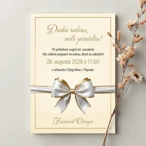Elegantná pozvánka na 60. narodeniny s mašľou a zlatými detailmi