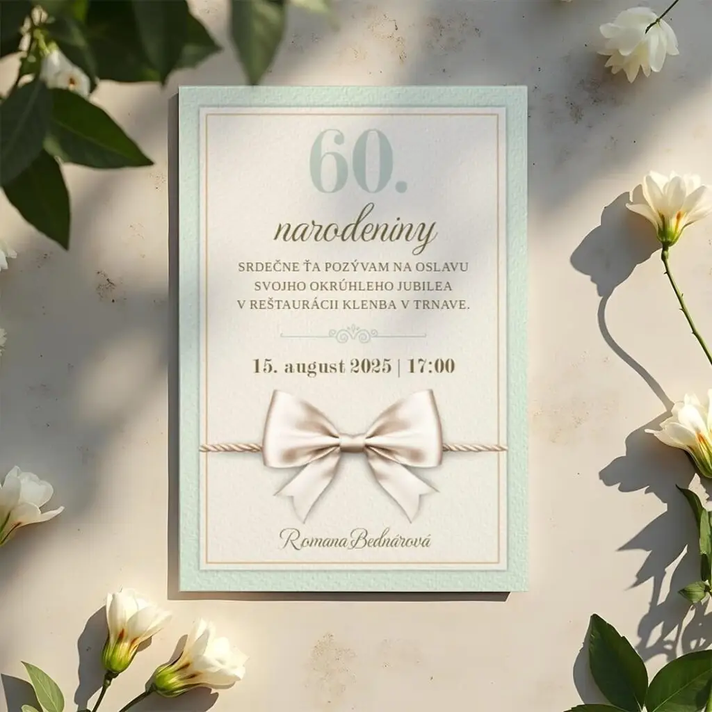 Elegantná pozvánka na 60. narodeniny s jemným pastelovým pozadím a saténovou mašľou.