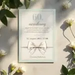 Elegantná pozvánka na 60. narodeniny s jemným pastelovým pozadím a saténovou mašľou.