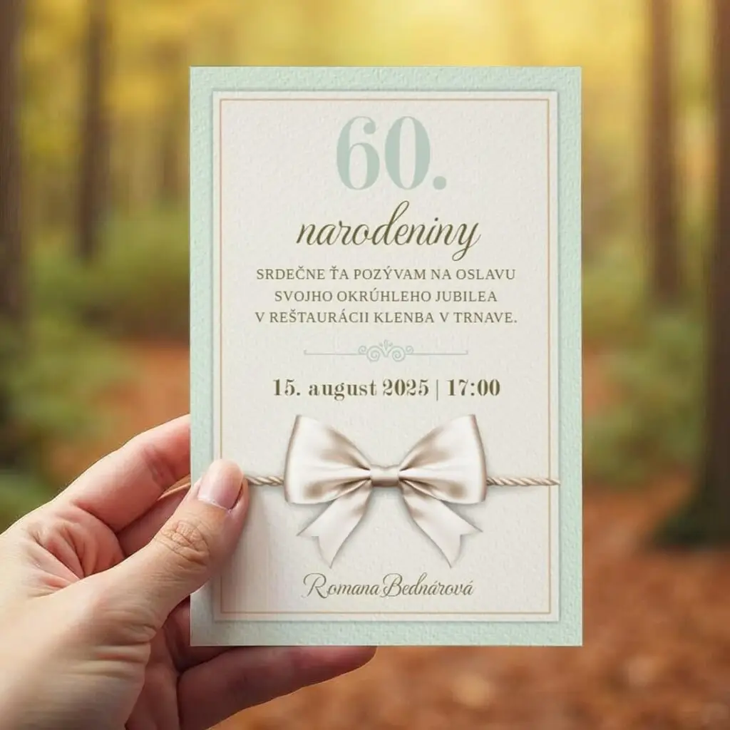 Narodeninová pozvánka so slávnostným dizajnom a výraznou béžovou stuhou.