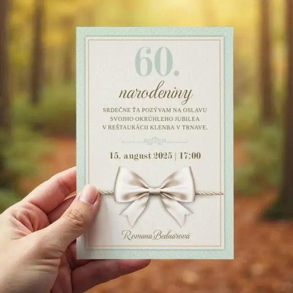 Narodeninová pozvánka so slávnostným dizajnom a výraznou béžovou stuhou.