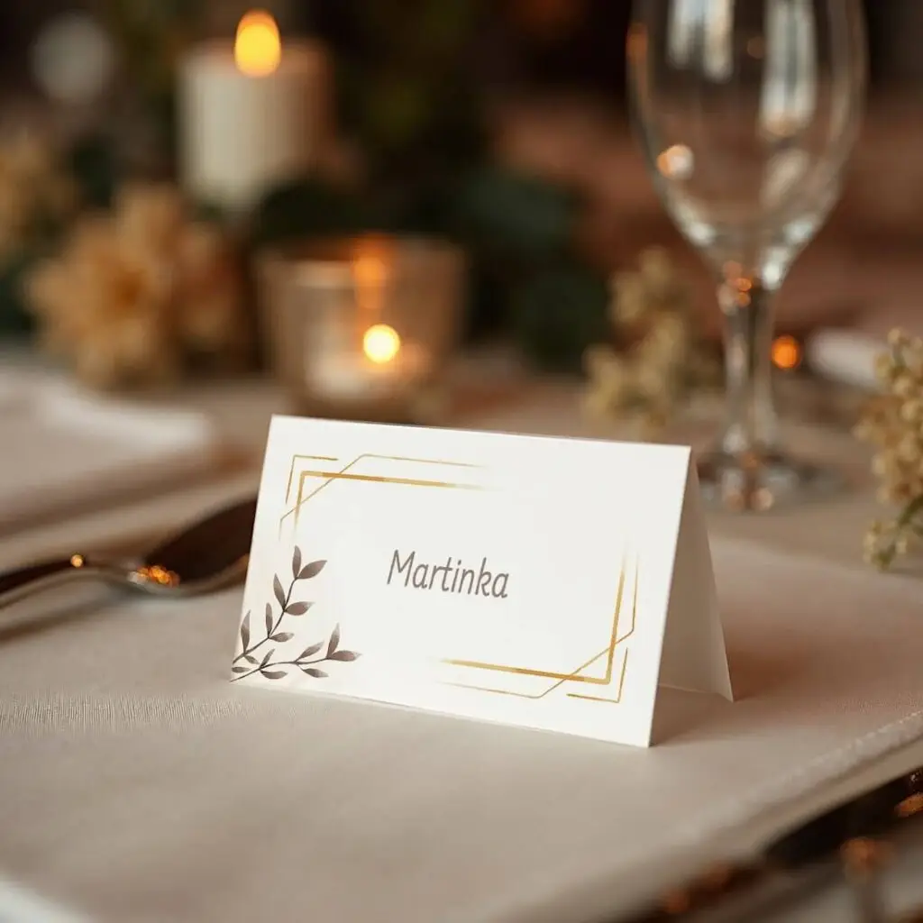 Menovka na stôl s personalizovaným menom, zlatým geometrickým rámom a jemným prírodným motívom.