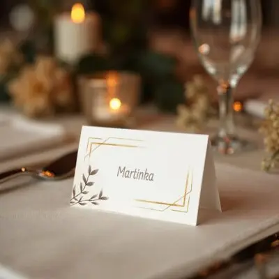 Menovka na stôl s personalizovaným menom, zlatým geometrickým rámom a jemným prírodným motívom.