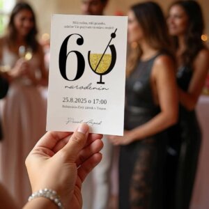 Elegantná jubilená pozvánka s veľkým číslom 60 a zlatým pohárom