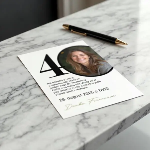 Štýlová pozvánka na oslavu jubilea s veľkým číslom a fotografiou oslávenca. Číslo sa dá upraviť podľa veku.