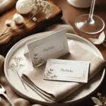 Moderná menovka s personalizovaným textom, zlatým rámom a prírodným motívom.