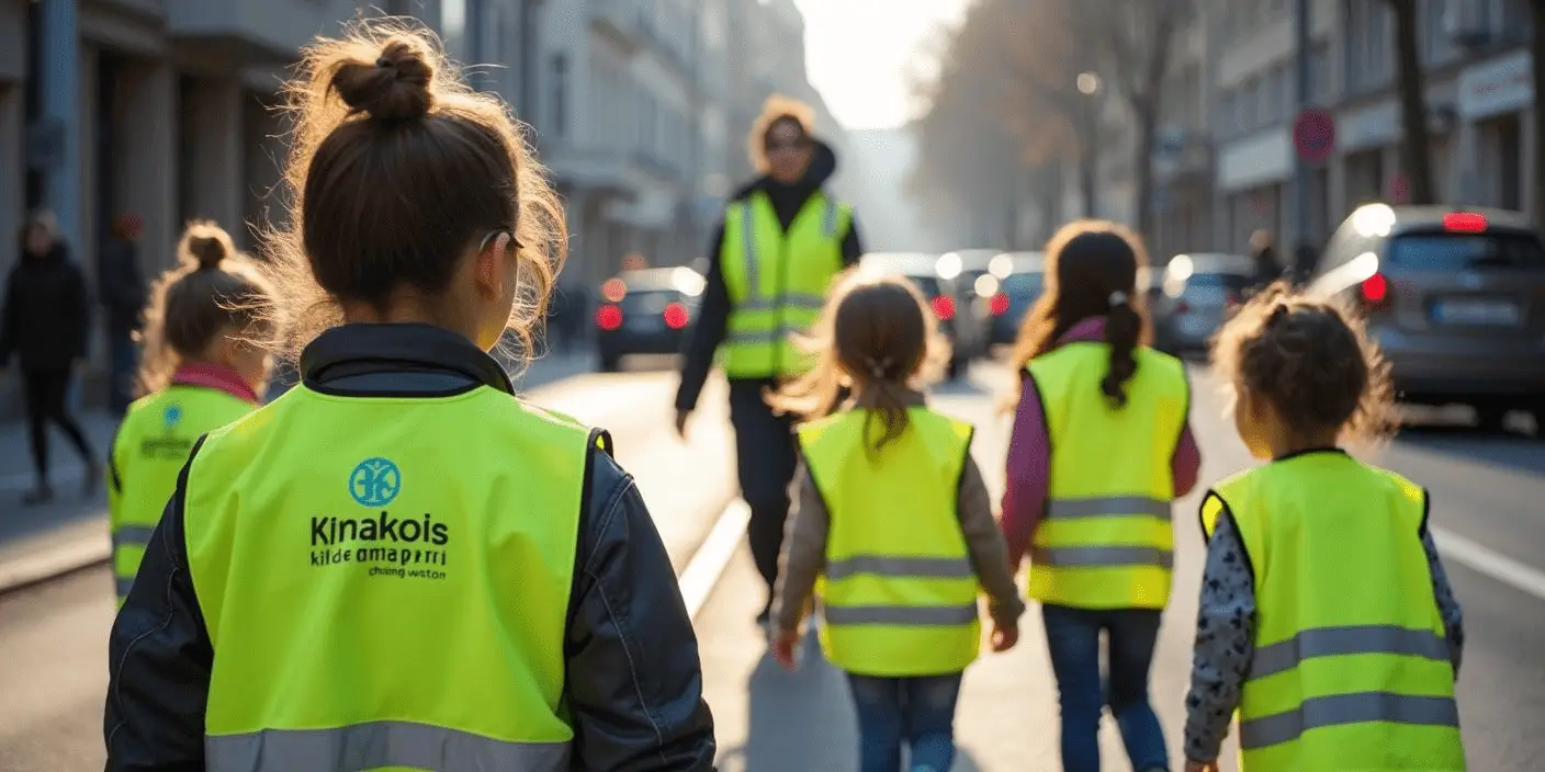 Detská reflexná bezpečnostná vesta pre deti od 4 do 12 rokov so sivými reflexnými pásmi a nápisom.