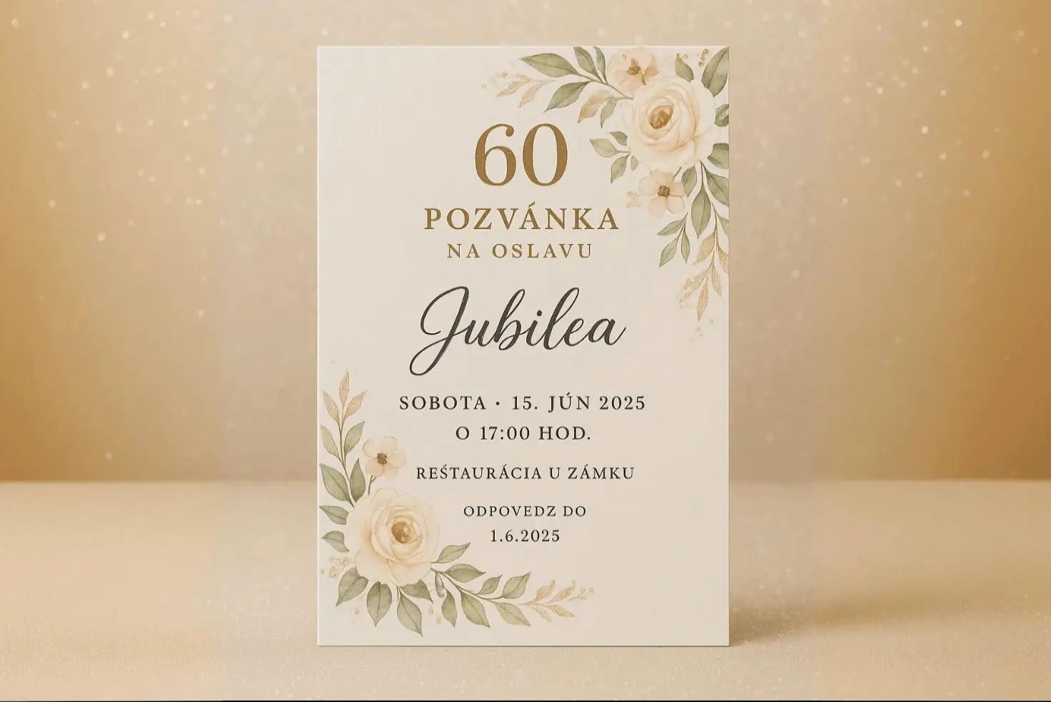 Elegantná pozvánka na oslavu 60. jubilea s kvetinovým motívom a zlatým písmom na béžovom pozadí.