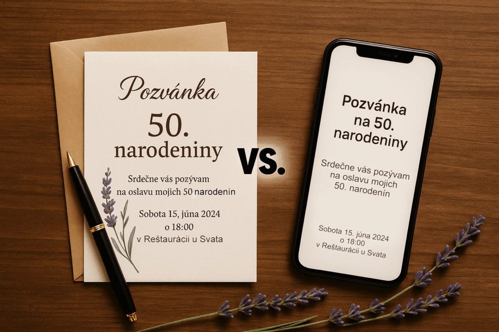 Porovnanie papierovej pozvánky na 50. narodeniny s elektronickou verziou na mobilnom telefóne, položené na drevenom stole s levanduľou