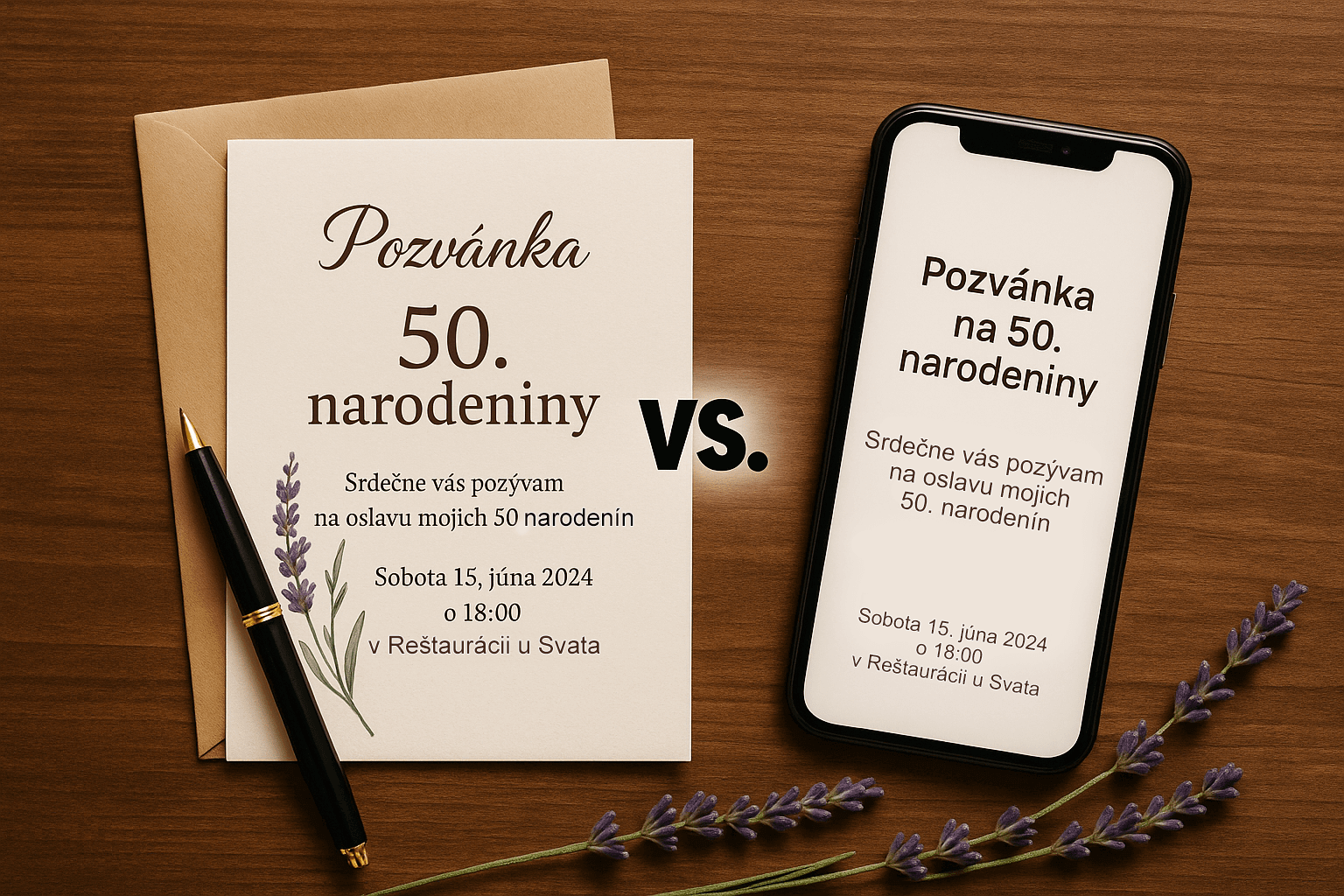 Porovnanie papierovej pozvánky na 50. narodeniny s elektronickou verziou na mobilnom telefóne, položené na drevenom stole s levanduľou