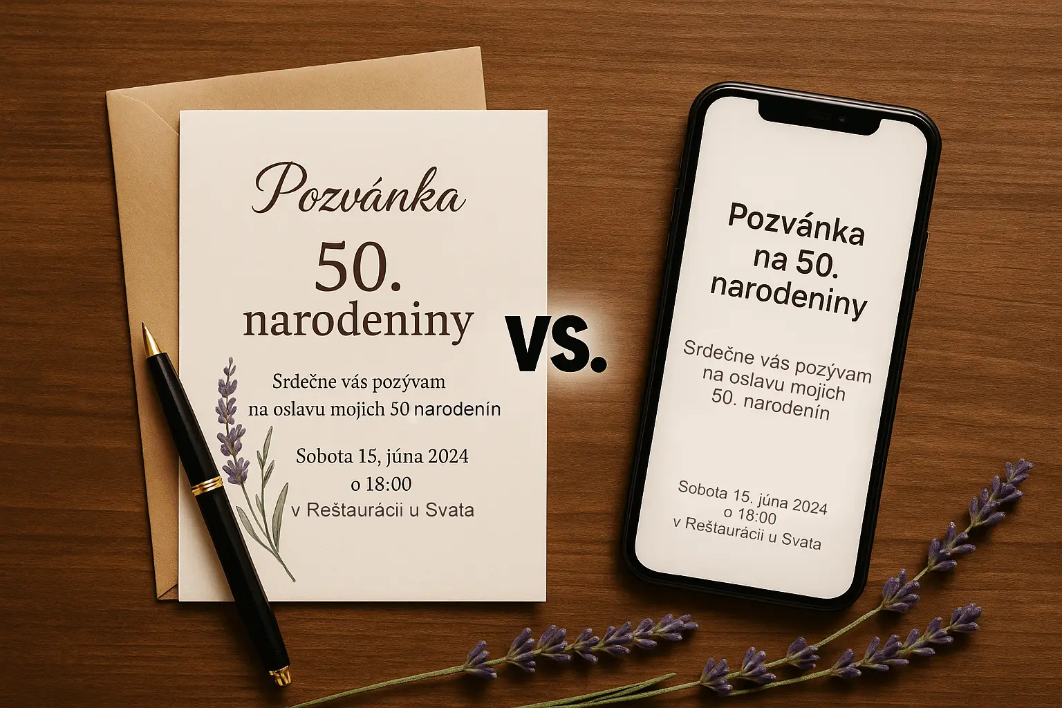 Porovnanie papierovej pozvánky na 50. narodeniny s elektronickou verziou na mobilnom telefóne, položené na drevenom stole s levanduľou