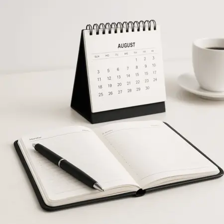 Otvorený čierny diár, čierne pero a stolový kalendár ako reklamné predmety s potlačou loga na bielom stole vedľa šálky kávy