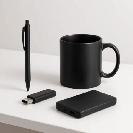 Čierny hrnček, pero, USB kľúč a powerbanka ako reklamné predmety s potlačou loga na bielom stole v minimalistickom štýle