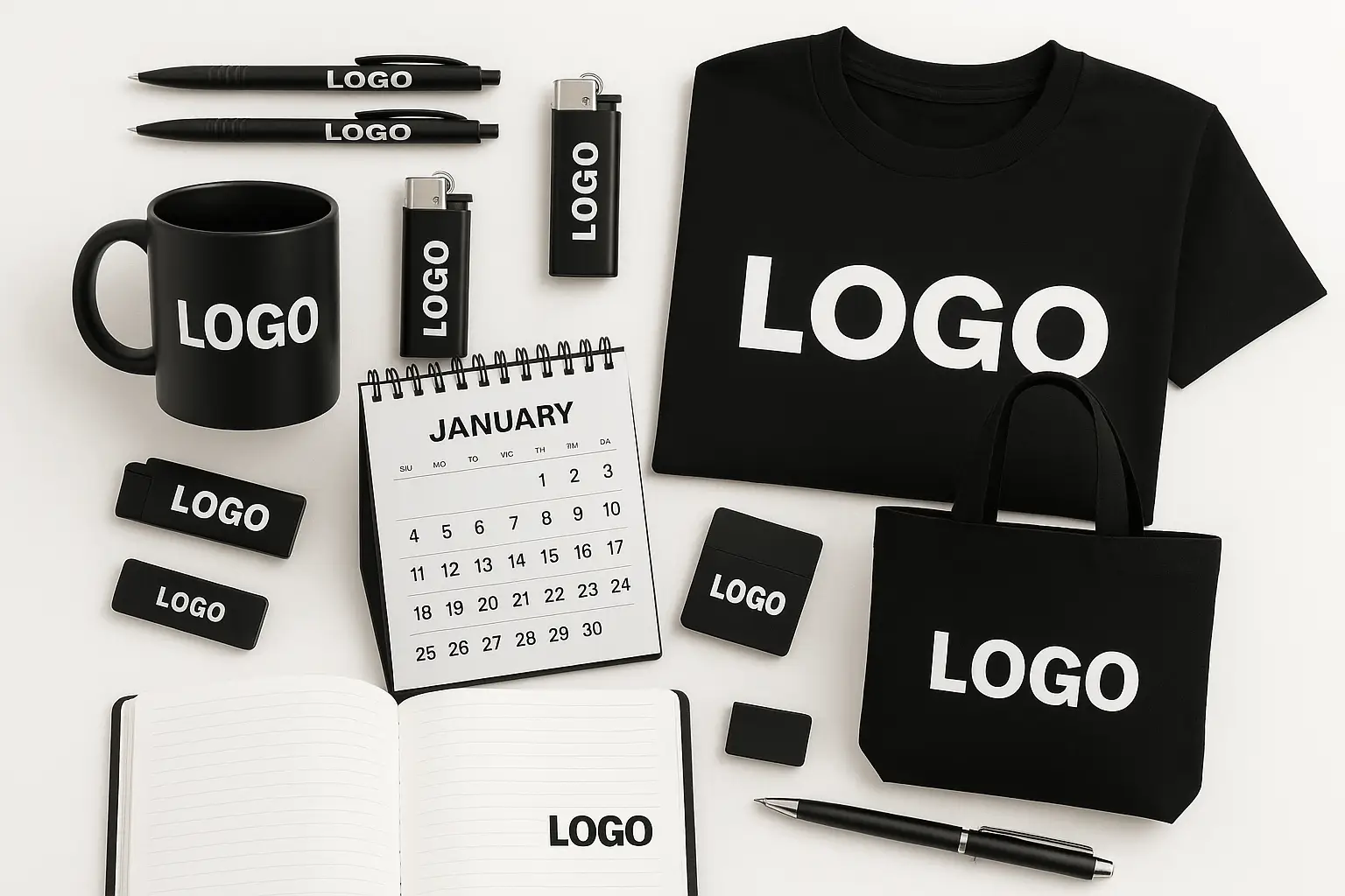 Reklamné predmety s potlačou loga vrátane pier, hrnčeka, zapaľovača, kalendára, trička, USB kľúčov a tašky, prezentované ako potlač reklamných predmetov Hlohovec