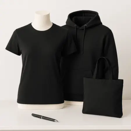 Čierne tričko na figuríne, čierna mikina a čierna plátená taška vystavené ako reklamný textil s potlačou loga na bielom stole
