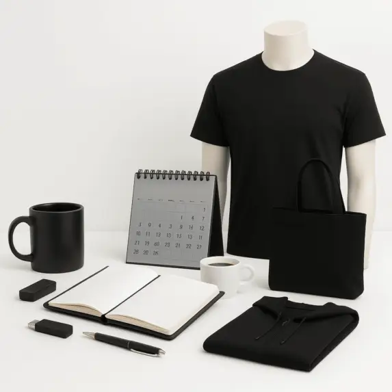 Zostava čiernych reklamných predmetov vrátane trička na figuríne, hrnčeka, diárov, kalendára, USB kľúčov, kľúčeniek a reklamného textilu s potlačou loga na bielom stole