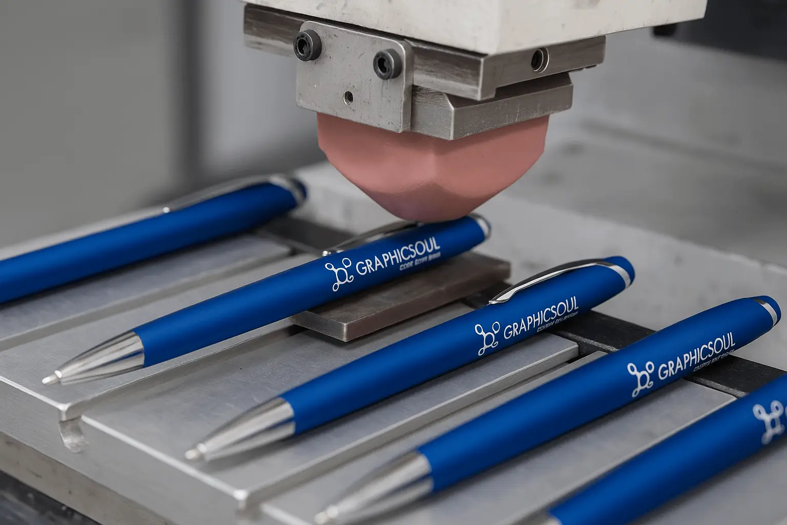 Tri modré reklamné perá s potlačou loga položené na svetlom drevenom podklade.