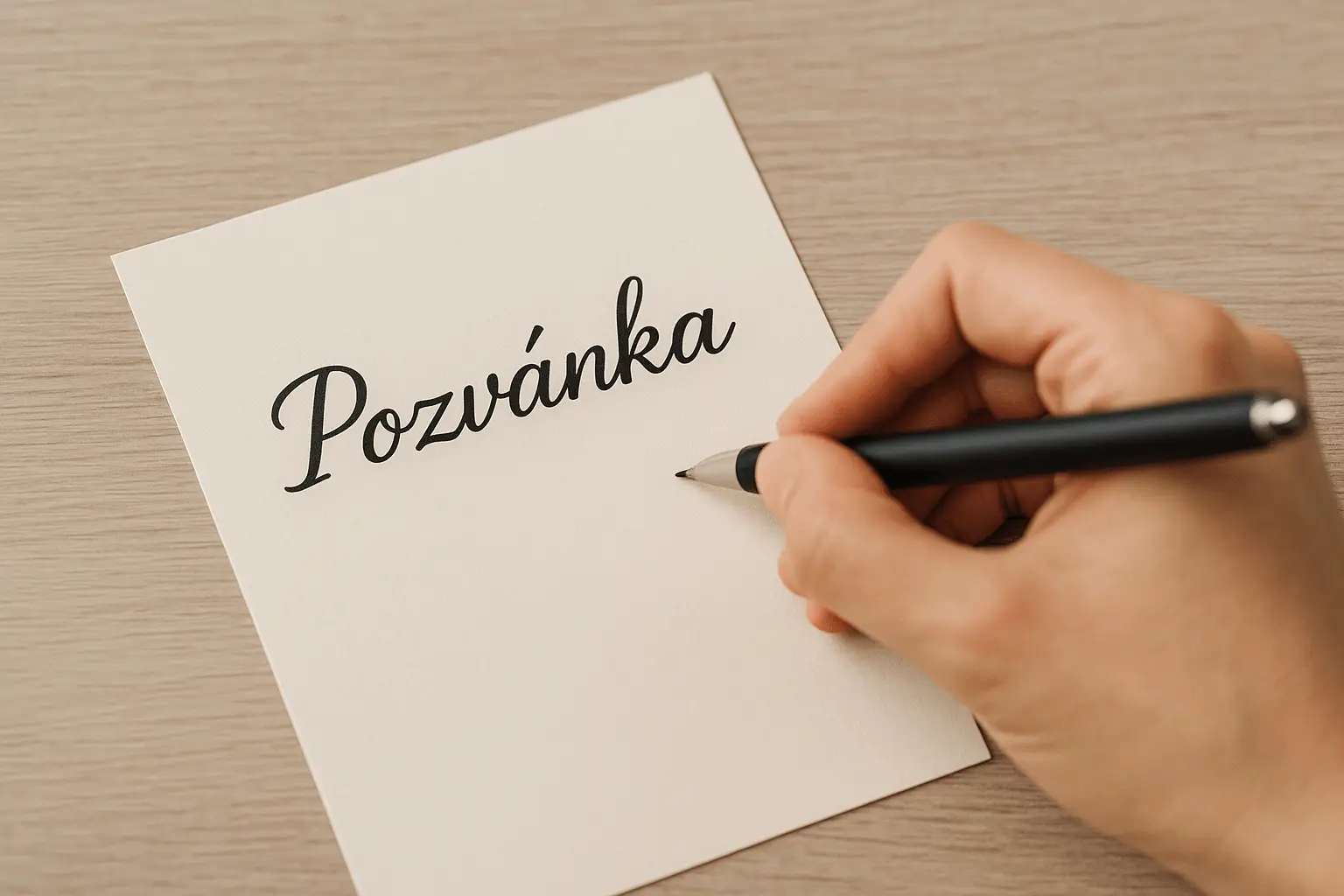 Ruka píše čiernym perom slovo „Pozvánka“ na krémovú kartu A6 položenú na drevenom stole.