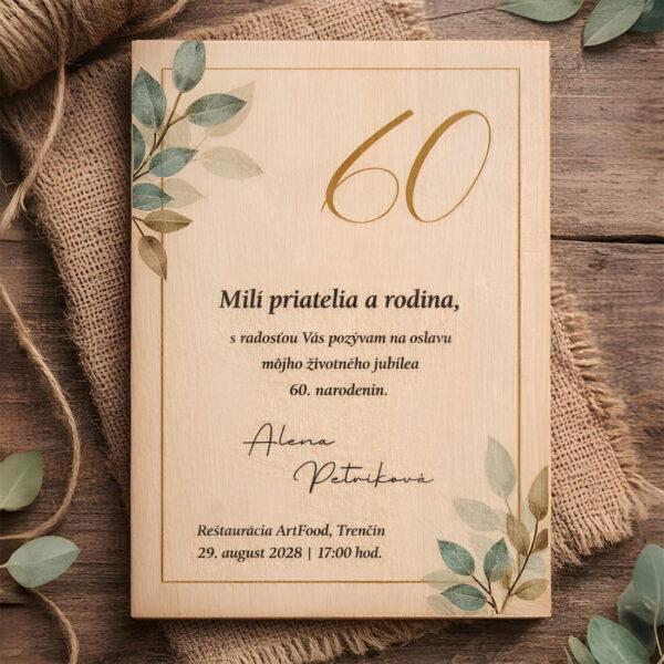 Pozvánka na narodeninovú oslavu tlačená na drevenej preglejke s hrúbkou 3 mm