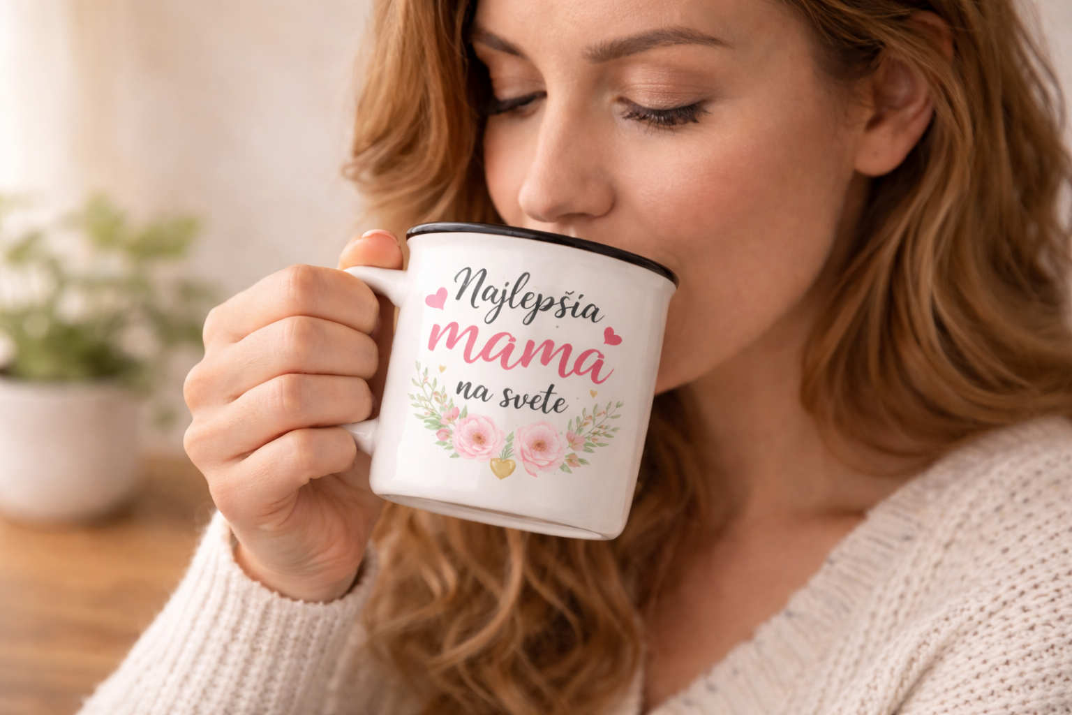 Žena pije z personalizovaného keramického hrnčeka s potlačou Najlepšia mama na svete – retro hrnček 300 ml