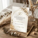 Elegantná pozvánka na 50. narodeniny s kvetinovým motívom položená na drevenom stole s dekoráciami