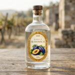 Etiketa na domácu slivovicu nalepená na sklenenej fľaši s korkovým uzáverom