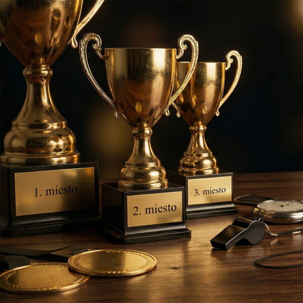 Zlaté samolepiace štítky a emblémy na poháre, trofeje a medaily – prázdne ocenenia pripravené na nalepenie personalizovaných etikiet