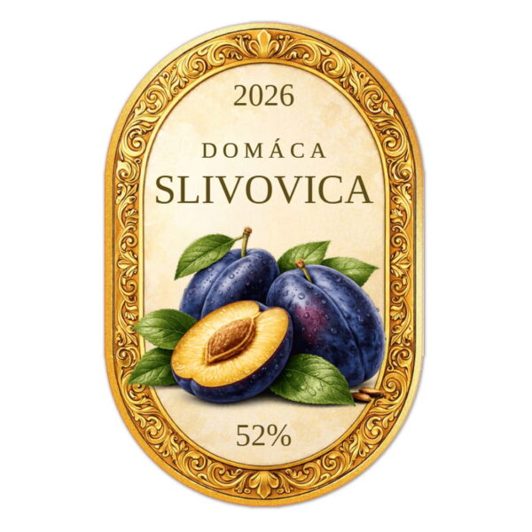 Etiketa na domácu slivovicu s oválnym zlatým rámom a ilustráciou sliviek – rustikálny dizajn