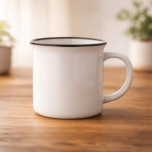 Keramický hrnček s vlastnou potlačou 300 ml – biely personalizovaný hrnček na kávu na drevenom stole