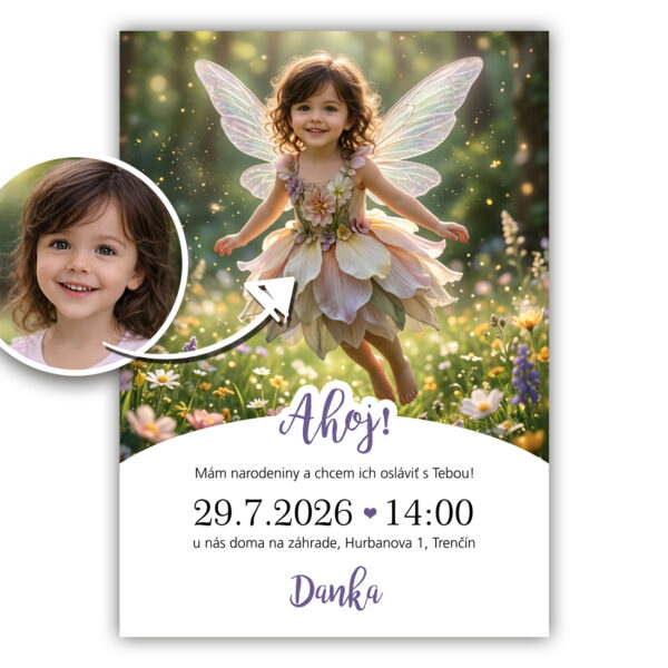 rozprávková narodeninová pozvánka víla s vlastnou fotografiou