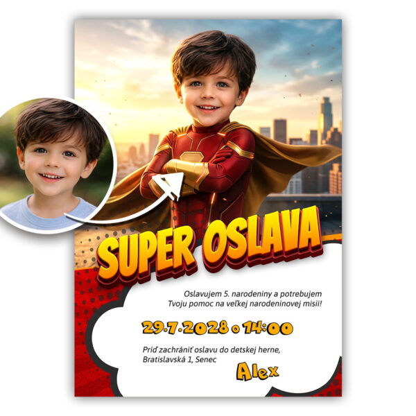 detská narodeninová pozvánka superhrdina s vlastnou fotkou dieťaťa