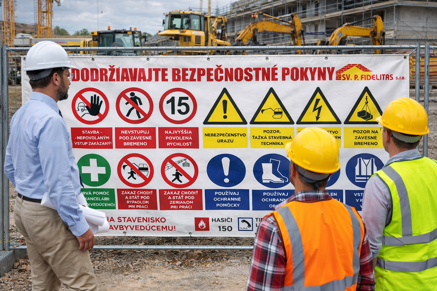 Bezpečnostný banner Areál stavby s BOZP značením na plote staveniska