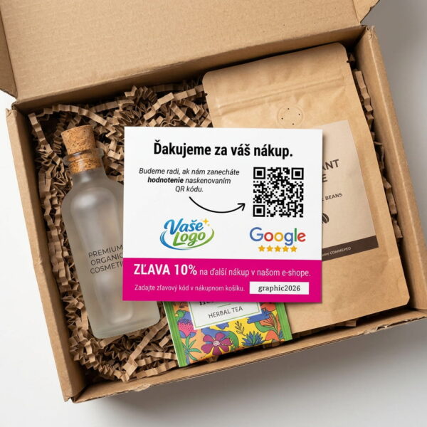 Hodnotiaca kartička s QR kódom na Google recenzie vložená v balíku e-shopu so zľavou pre zákazníka