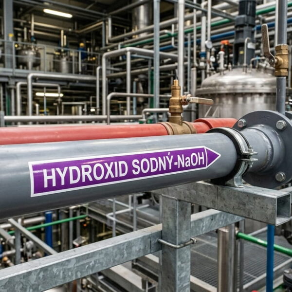 Samolepky na označenie potrubia chemikálie – kyselina, zásada, hydroxid, etanol