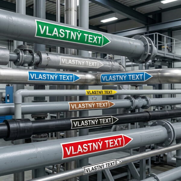 Označenie potrubia s piktogramami – samolepka s vlastným textom a symbolmi BOZP
