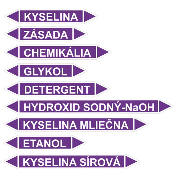 Samolepky na označenie potrubia chemikálie – kyselina, zásada, etanol, hydroxid sodný NaOH