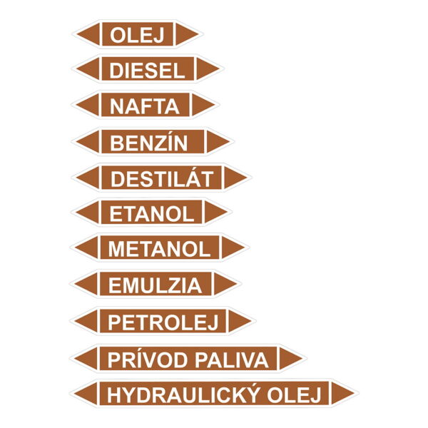 Samolepky na označenie potrubia olej a palivá – nafta, benzín, diesel, hydraulický olej