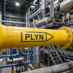 Samolepka označenie potrubia plyn na žltom plynovom potrubí v priemysle