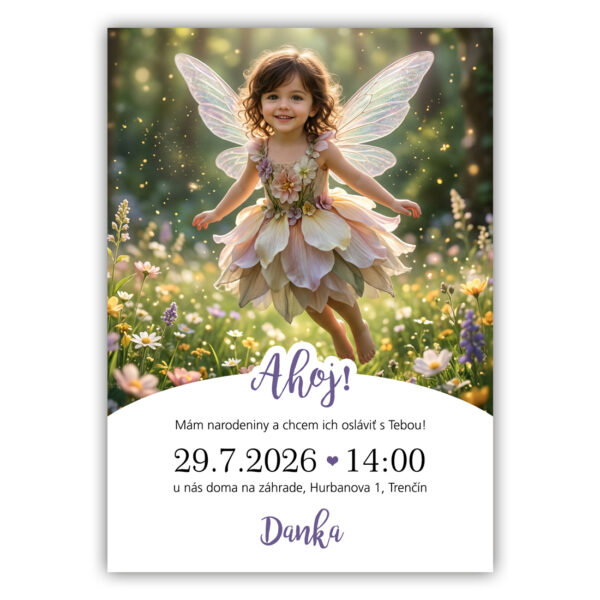 detská narodeninová pozvánka víla s vlastnou fotkou dieťaťa