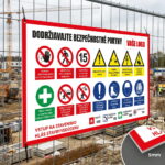 Bezpečnostná PVC tabuľa Areál stavby s BOZP značkami