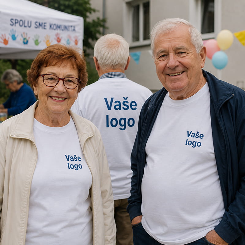 Seniori na komunitnom podujatí v bielych tričkách s potlačou loga na prednej a zadnej strane
