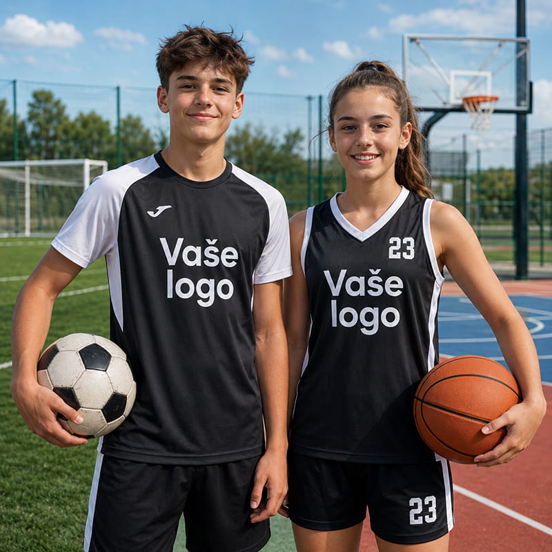 Mladý futbalista a basketbalistka v športových dresoch s potlačou loga a čísla