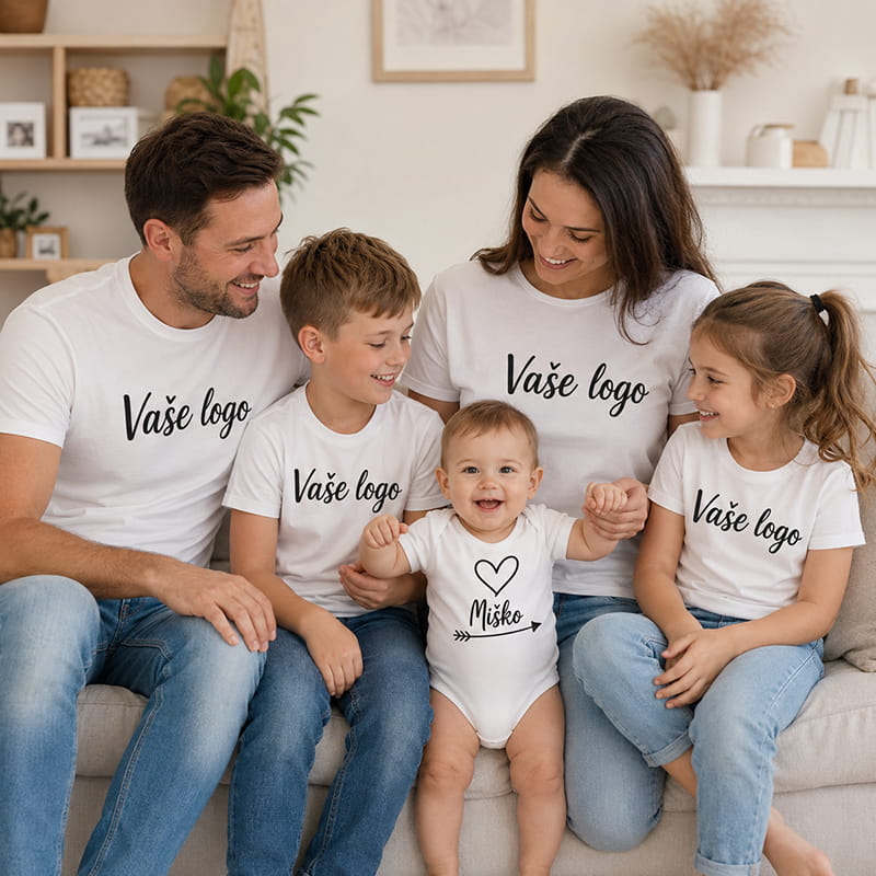 Rodina v bielych tričkách s vlastnou potlačou a bábätko v personalizovanom body